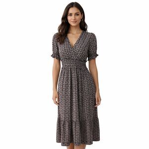 Max Studio Dress Womens Medium Black Floral Short Sleeve Smocked Midi V Neck